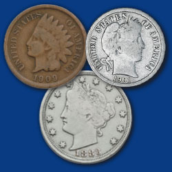 barber silver dime, indian head penny, liberty silver head nickel